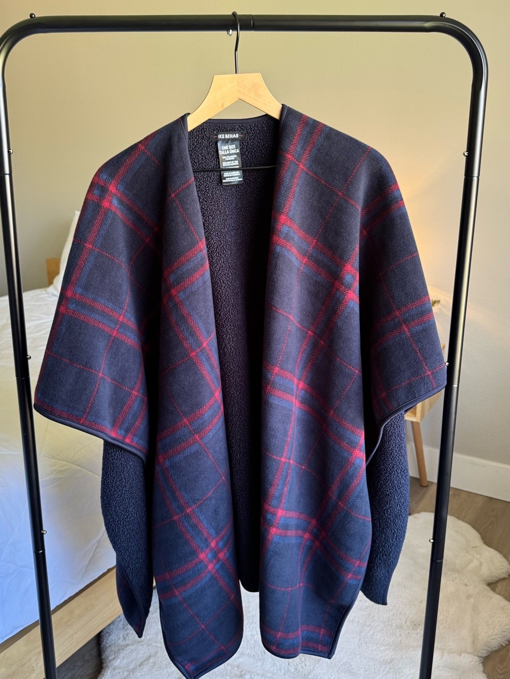 Ike Behar Navy and Red Plaid Wool Blend Poncho Shrug